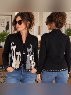 Beaded Embellished 🐈 Cat Motif on Black Zipper Cardigan - M